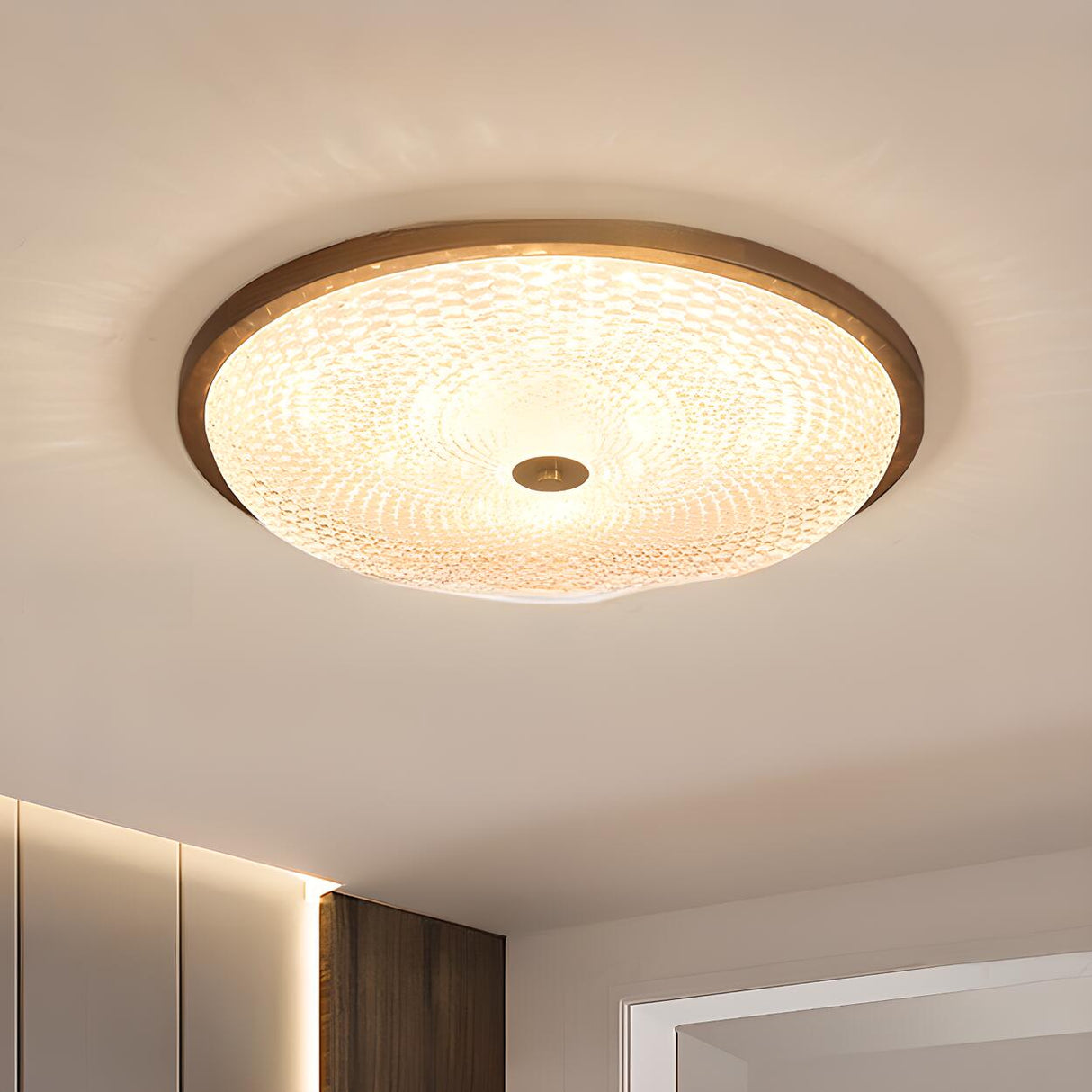 Walnut Circle Glass Wood Flush Mount Ceiling Light Image - 2