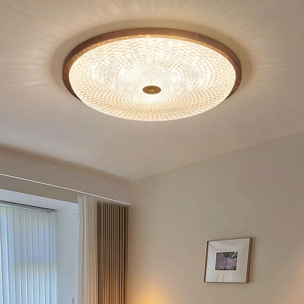 Walnut Circle Glass Wood Flush Mount Ceiling Light Image - 4