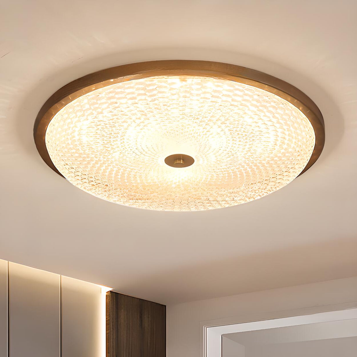 Walnut Circle Glass Wood Flush Mount Ceiling Light Image - 5