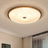 Walnut Circle Glass Wood Flush Mount Ceiling Light Image - 7