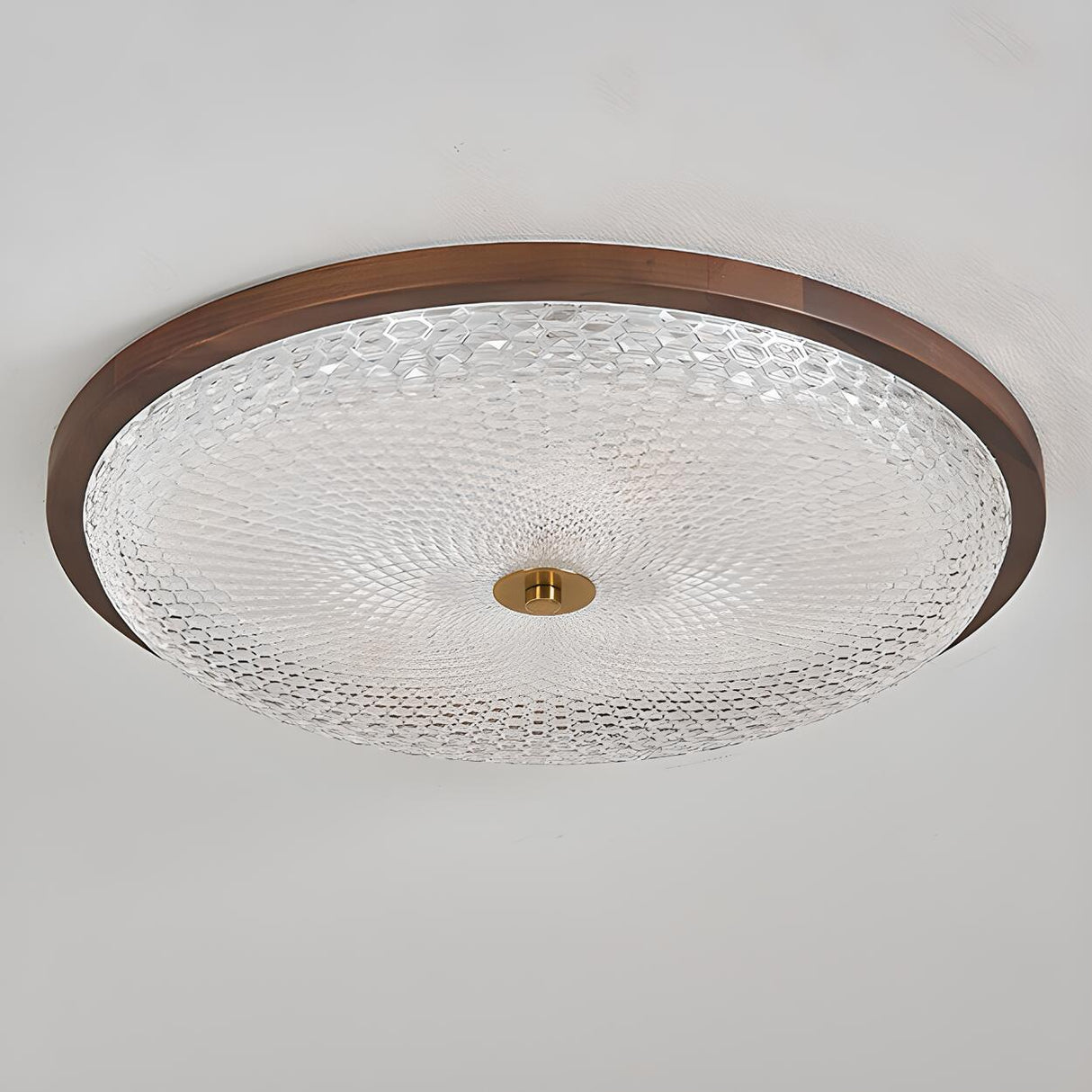 Walnut Circle Glass Wood Flush Mount Ceiling Light Image - 8