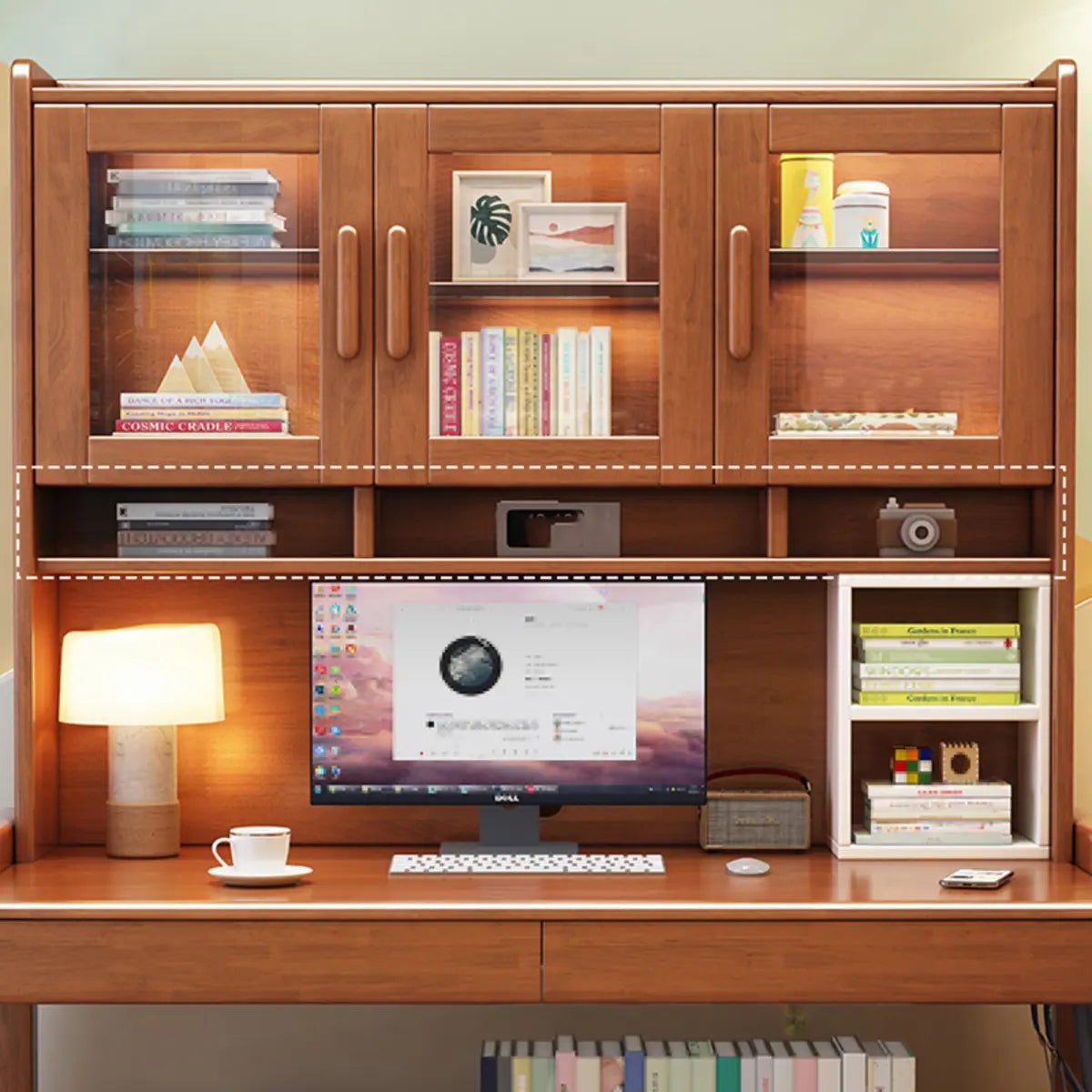 Walnut Drawers Shelf Bookcase H-Shape Credenza Desk Image - 11