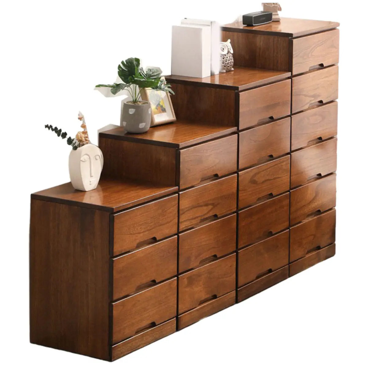 Walnut Finish Solid Wood Step Design Chest with Drawers Image - 10