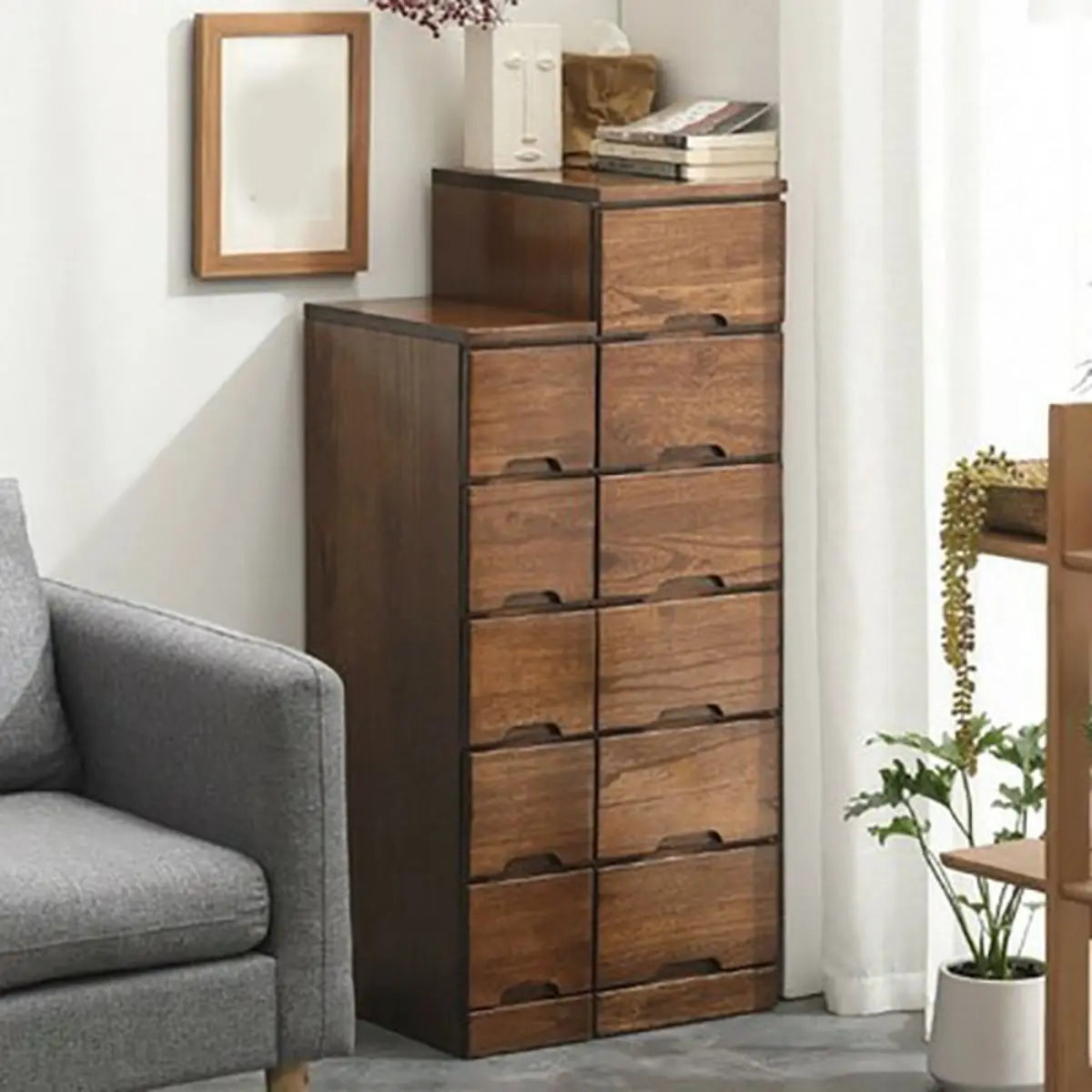 Walnut Finish Solid Wood Step Design Chest with Drawers Image - 5