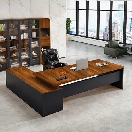 Walnut Storage Cabinet Wood L-Shaped Executive Desk Image - 2