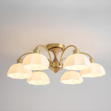 Walnut White Glass Flower Semi-Flush Mount Lamp 8-Light Image - 10