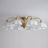 Walnut White Glass Flower Semi-Flush Mount Lamp 8-Light Image - 12