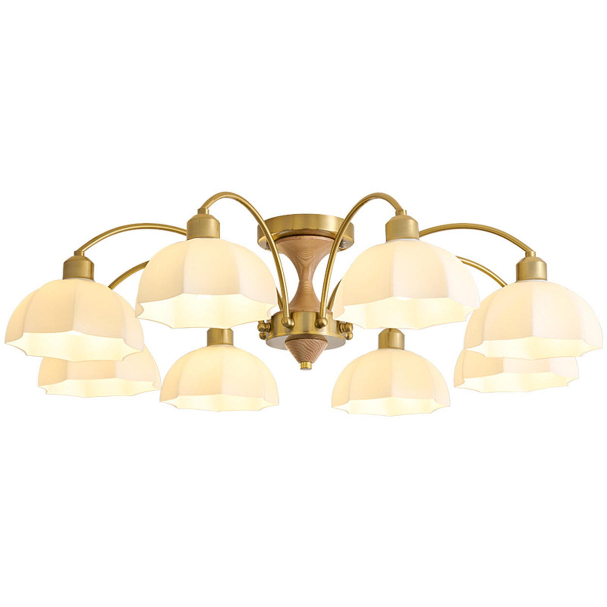 Walnut White Glass Flower Semi-Flush Mount Lamp 8-Light Image - 5