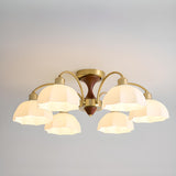 Walnut White Glass Flower Semi-Flush Mount Lamp 8-Light Image - 7