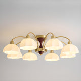 Walnut White Glass Flower Semi-Flush Mount Lamp 8-Light Image - 8