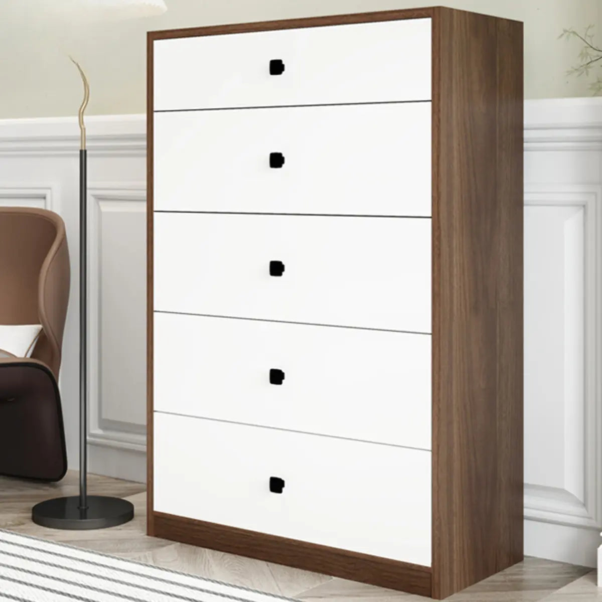 Walnut White Rectangular Wood 5 Drawer Filing Cabinet Image - 1