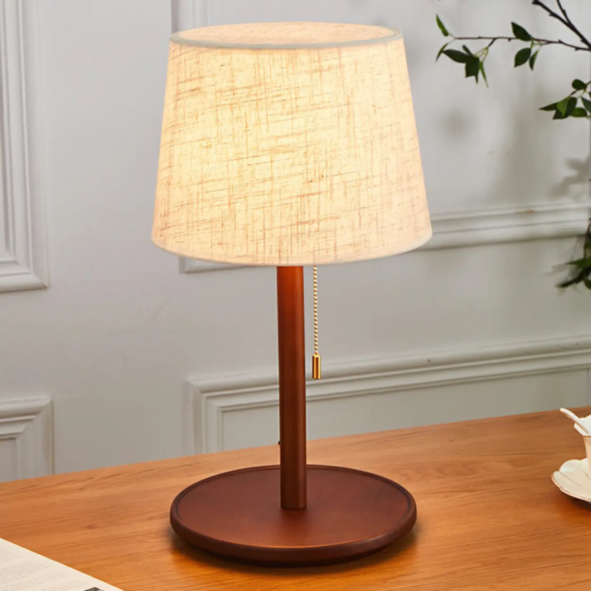 Walnut Wood  Bedside Table Lamp with Pull Chain Switch Image - 2