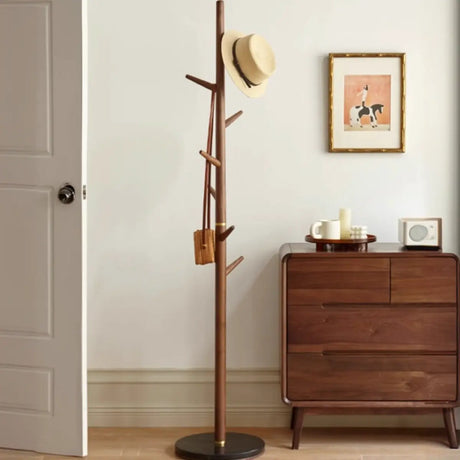 Walnut Wood Brown Frame Tall Stand Hooks Coat Rack Image - 1