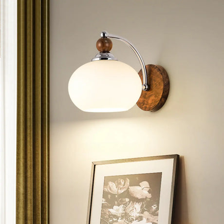 Walnut Wood Drum White Frosted Glass Wall Sconce Image - 1