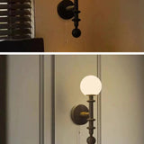 Walnut Wood Globe Glass Wall Sconce with Pull Chain Image - 12