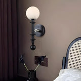 Walnut Wood Globe Glass Wall Sconce with Pull Chain Image - 3