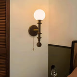 Walnut Wood Globe Glass Wall Sconce with Pull Chain Image - 7