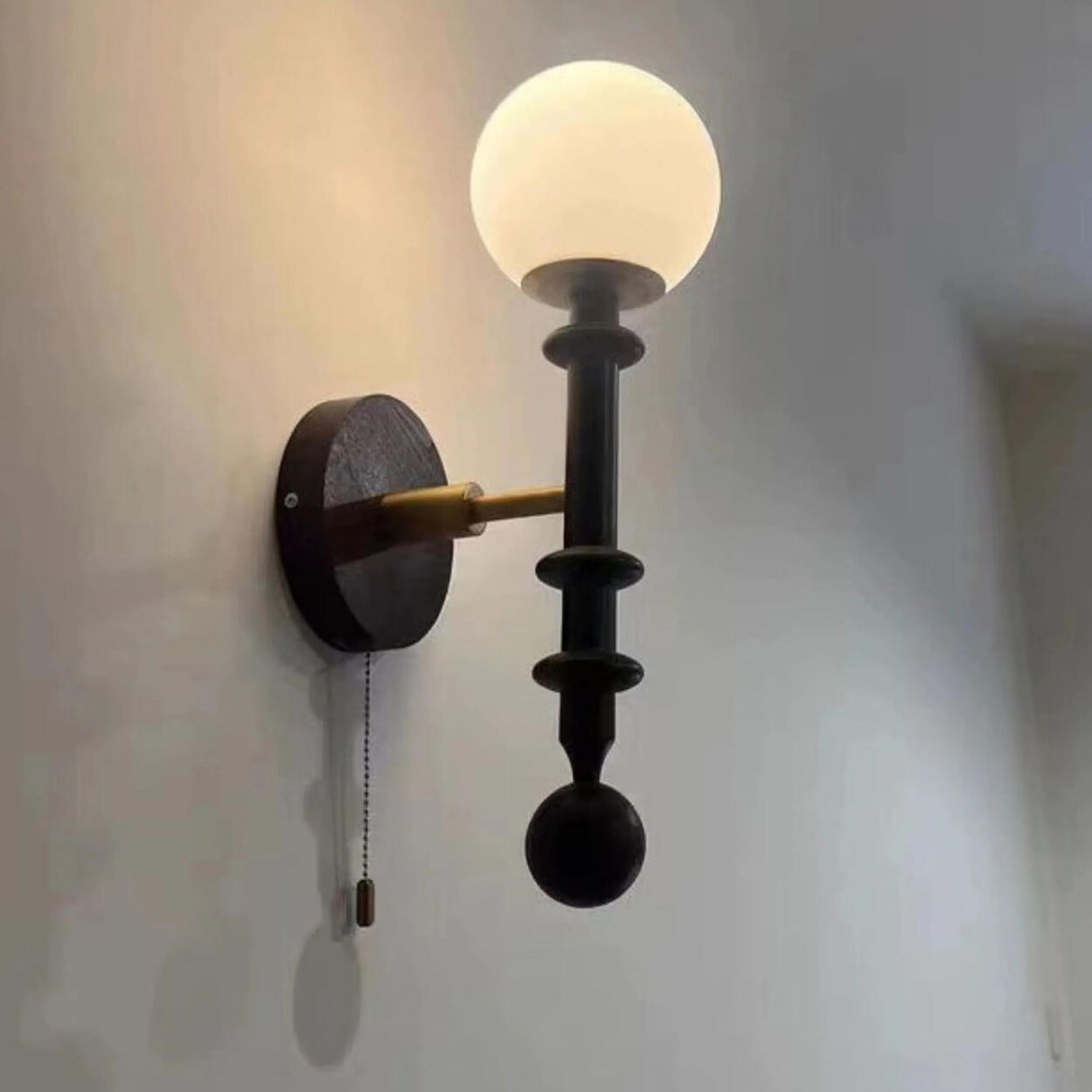 Walnut Wood Globe Glass Wall Sconce with Pull Chain Image - 8