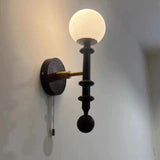 Walnut Wood Globe Glass Wall Sconce with Pull Chain Image - 8