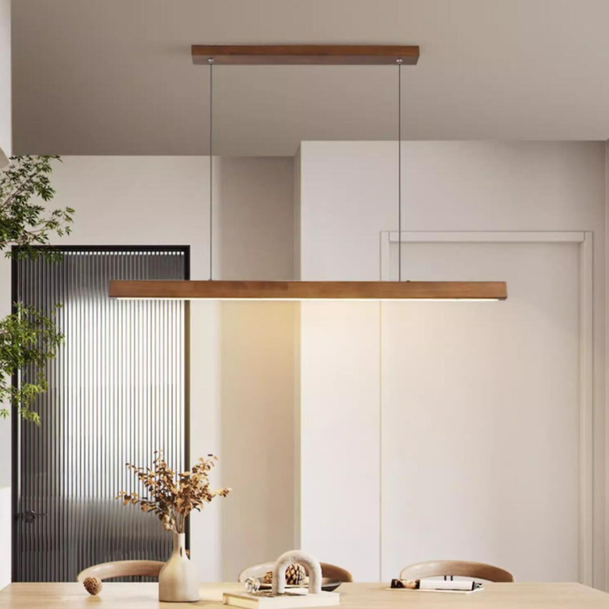 Walnut Wood Rectangular Pendant Light Kitchen Island Image - 3