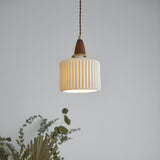 Walnut Wood Retro Ribbed Ceramic Cylinder Pendant Light Image - 1