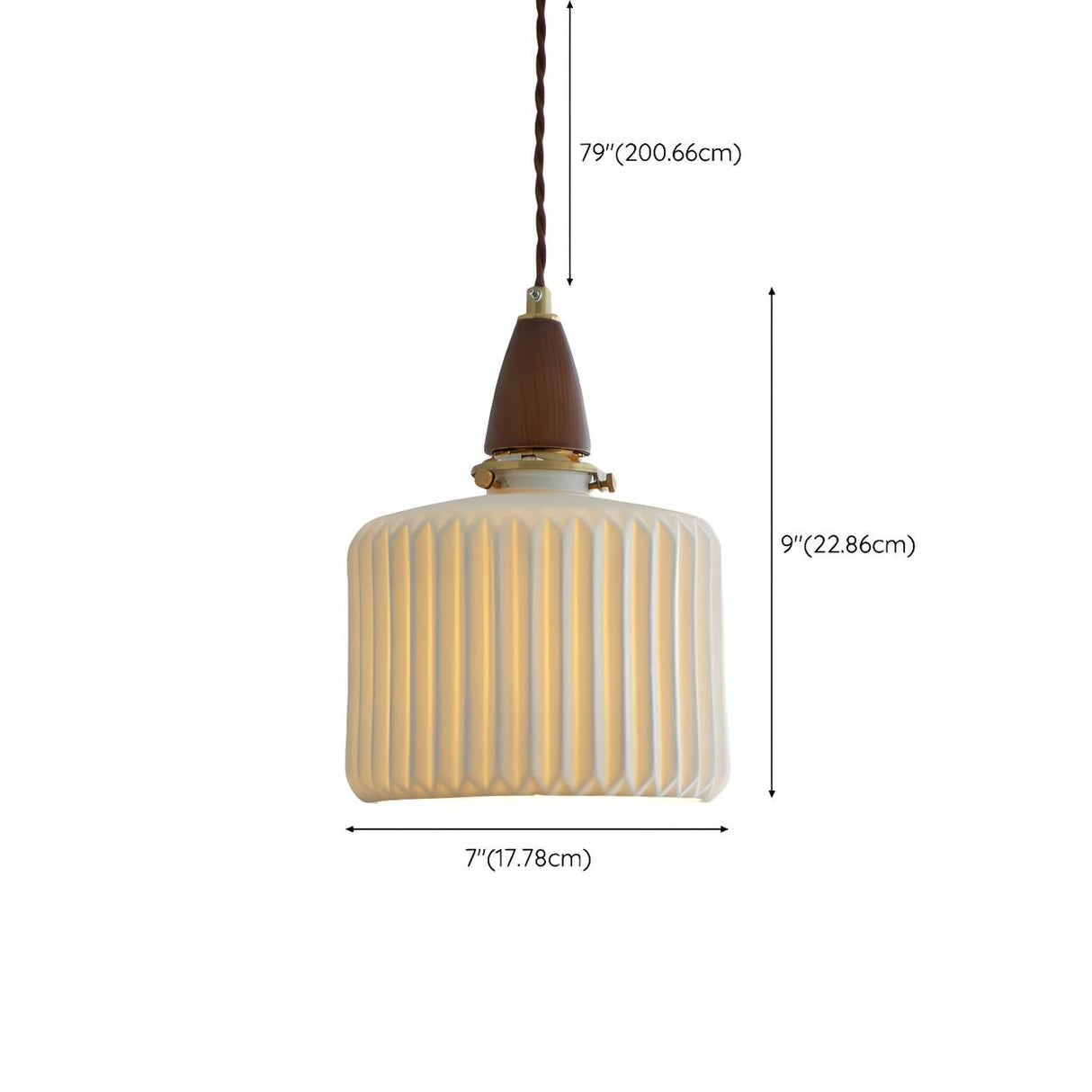 Walnut Wood Retro Ribbed Ceramic Cylinder Pendant Light 