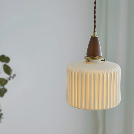 Walnut Wood Retro Ribbed Ceramic Cylinder Pendant Light Image - 2