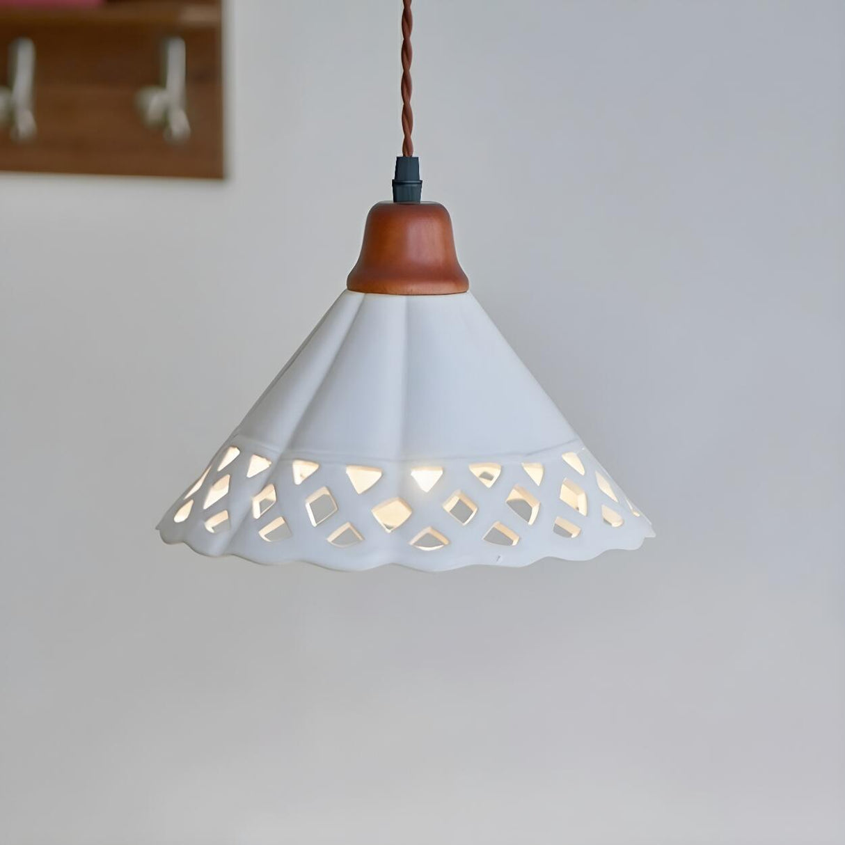 Walnut Wood Retro Ribbed Ceramic Cylinder Pendant Light Image - 3