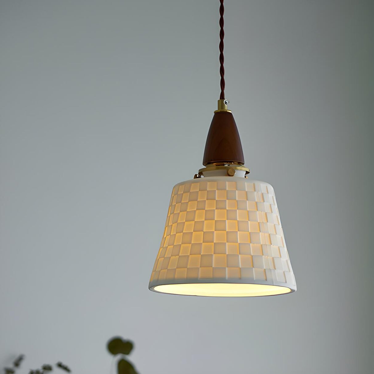 Walnut Wood Retro Ribbed Ceramic Cylinder Pendant Light Image - 4