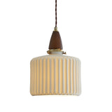 Walnut Wood Retro Ribbed Ceramic Cylinder Pendant Light Image - 5