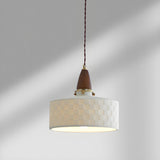 Walnut Wood Retro Ribbed Ceramic Cylinder Pendant Light Image - 6