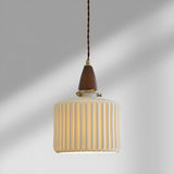 Walnut Wood Retro Ribbed Ceramic Cylinder Pendant Light Image - 7