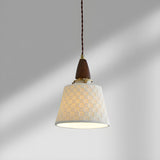 Walnut Wood Retro Ribbed Ceramic Cylinder Pendant Light Image - 8