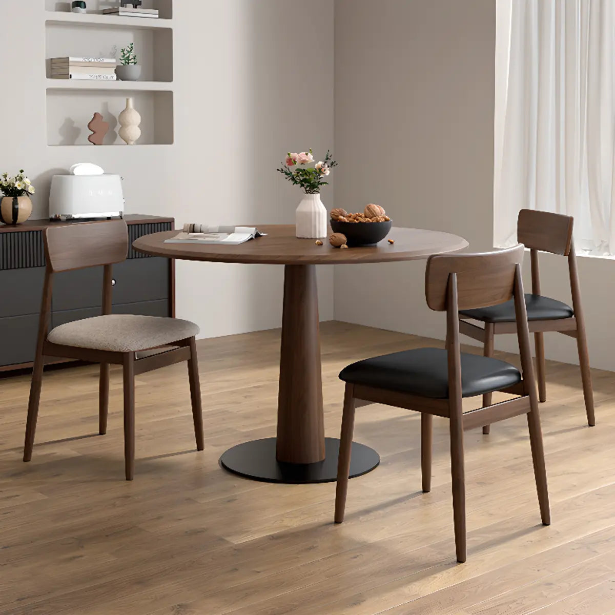 Walnut Wood Round Dining Table Set with Pedestal Base Image - 4