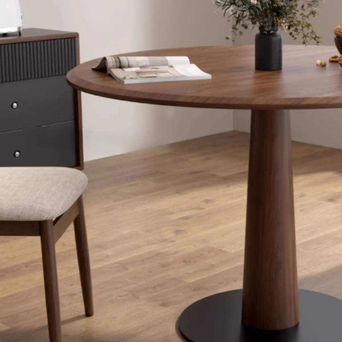 Walnut Wood Round Dining Table Set with Pedestal Base Image - 9