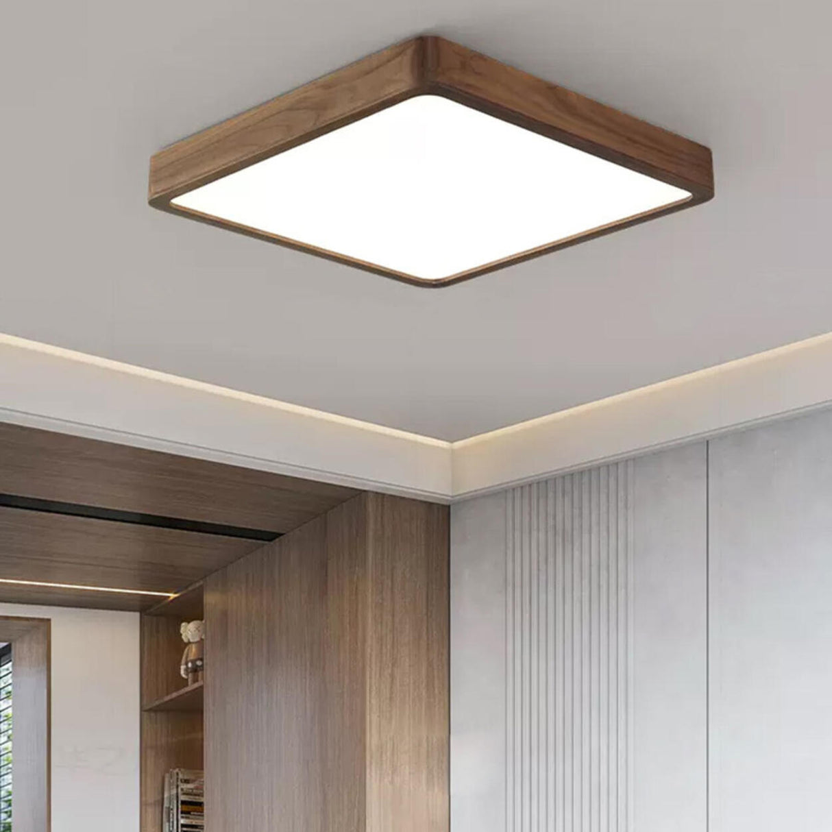 Walnut Wooden Square LED Flush Mount Ceiling Light Image - 1