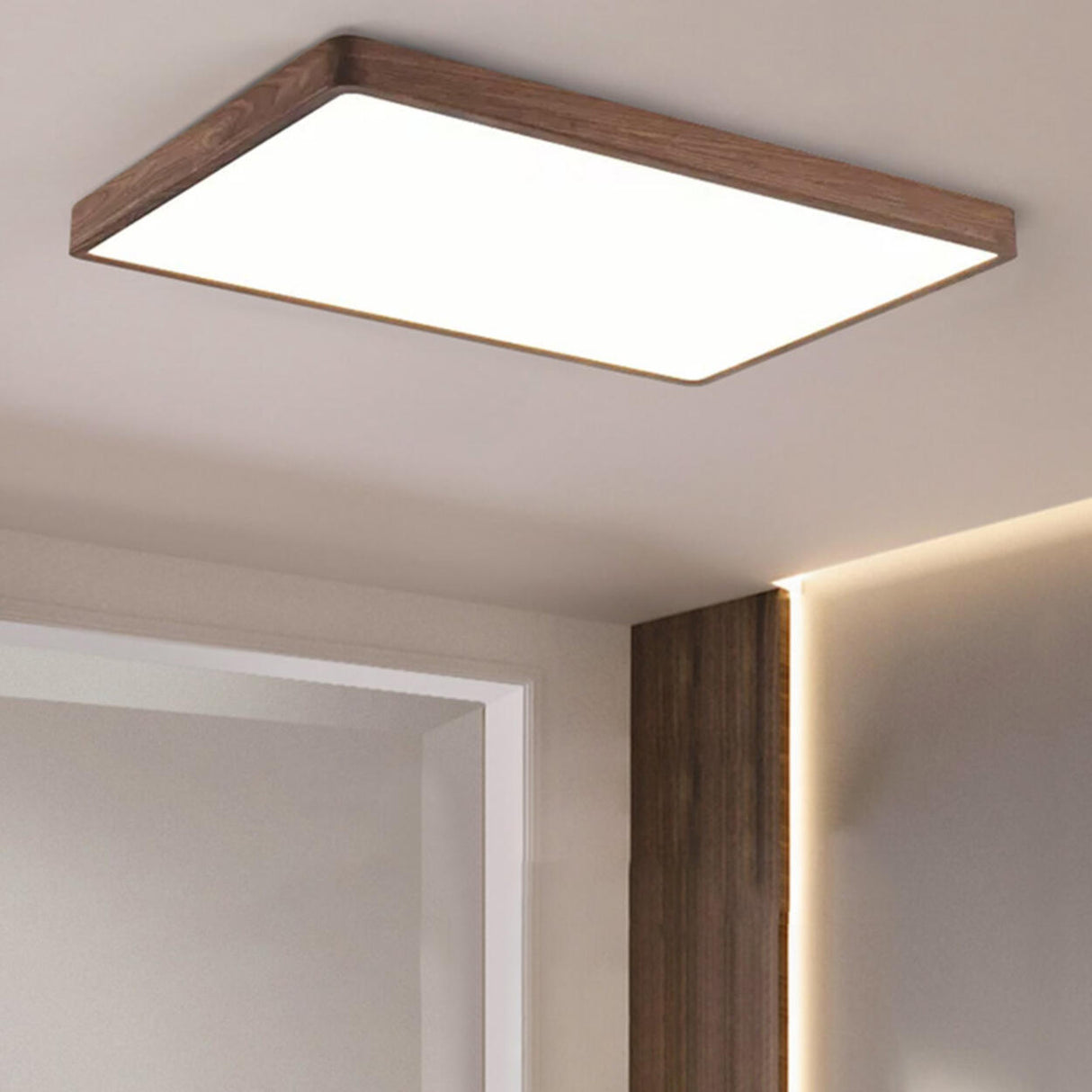 Walnut Wooden Square LED Flush Mount Ceiling Light Image - 6