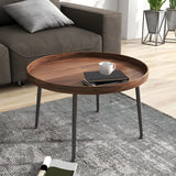 Walnut Wooden Tray Top Metal Base Round Coffee Table Image - 10