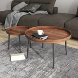 Walnut Wooden Tray Top Metal Base Round Coffee Table Image - 2