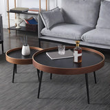 Walnut Wooden Tray Top Metal Base Round Coffee Table Image - 3