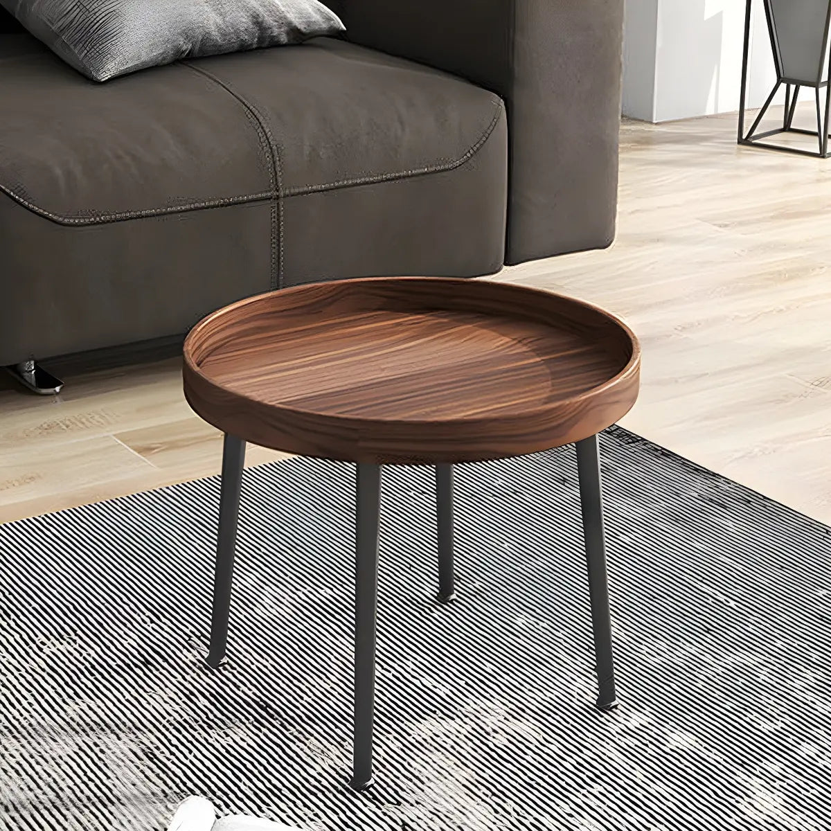 Walnut Wooden Tray Top Metal Base Round Coffee Table Image - 4