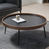 Walnut Wooden Tray Top Metal Base Round Coffee Table Image - 5