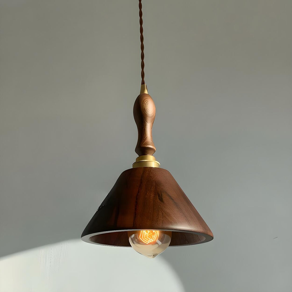 Warehouse Handle Walnut Wood Cone Bedroom Pendant Light Image - 1