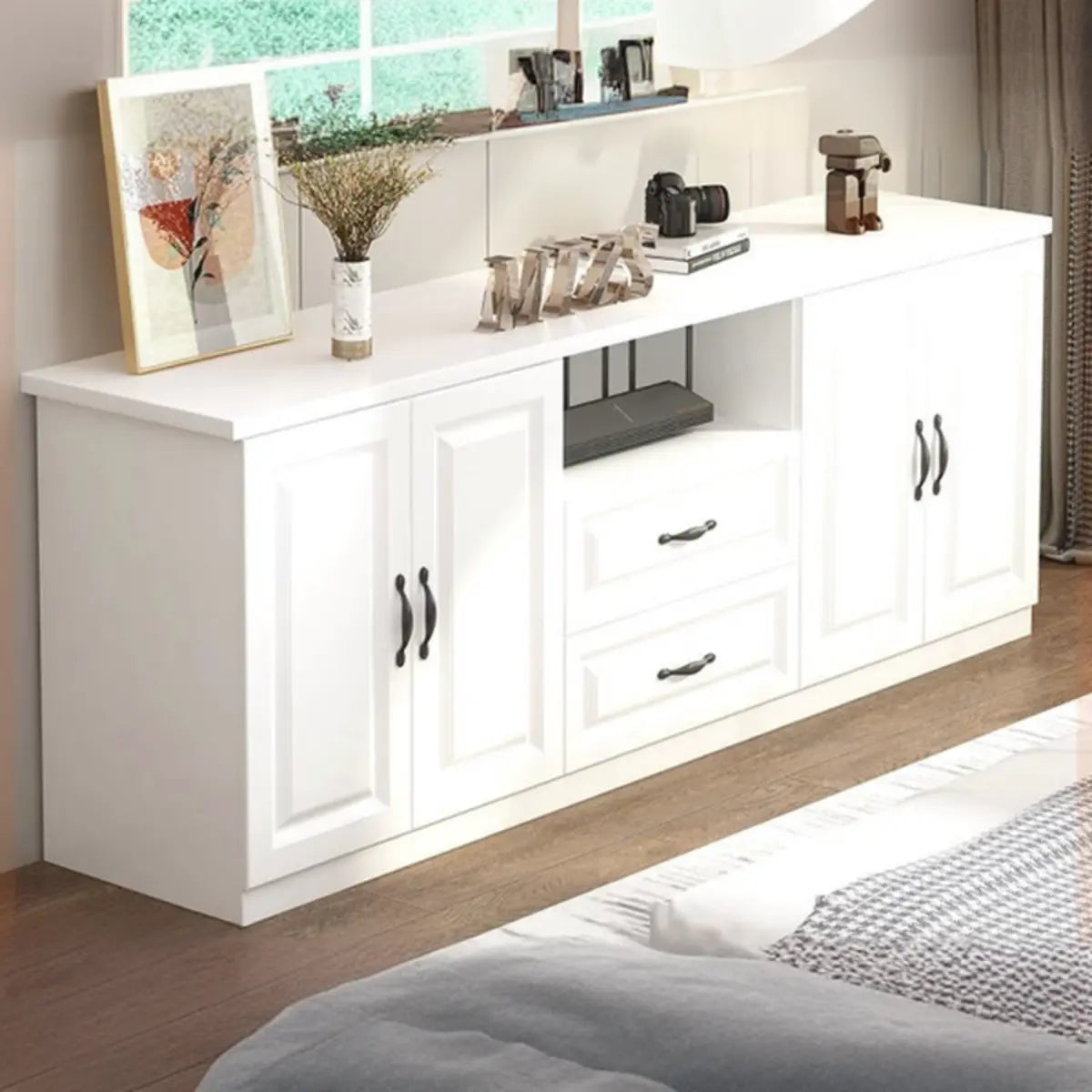 Warm White Wooden Open Storage TV Stand with Drawers Image - 1