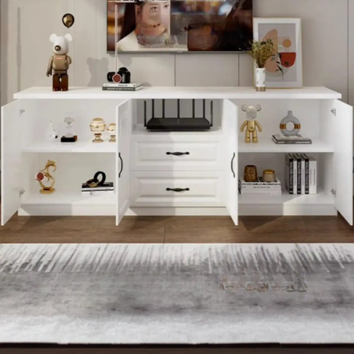 Warm White Wooden Open Storage TV Stand with Drawers Image - 4