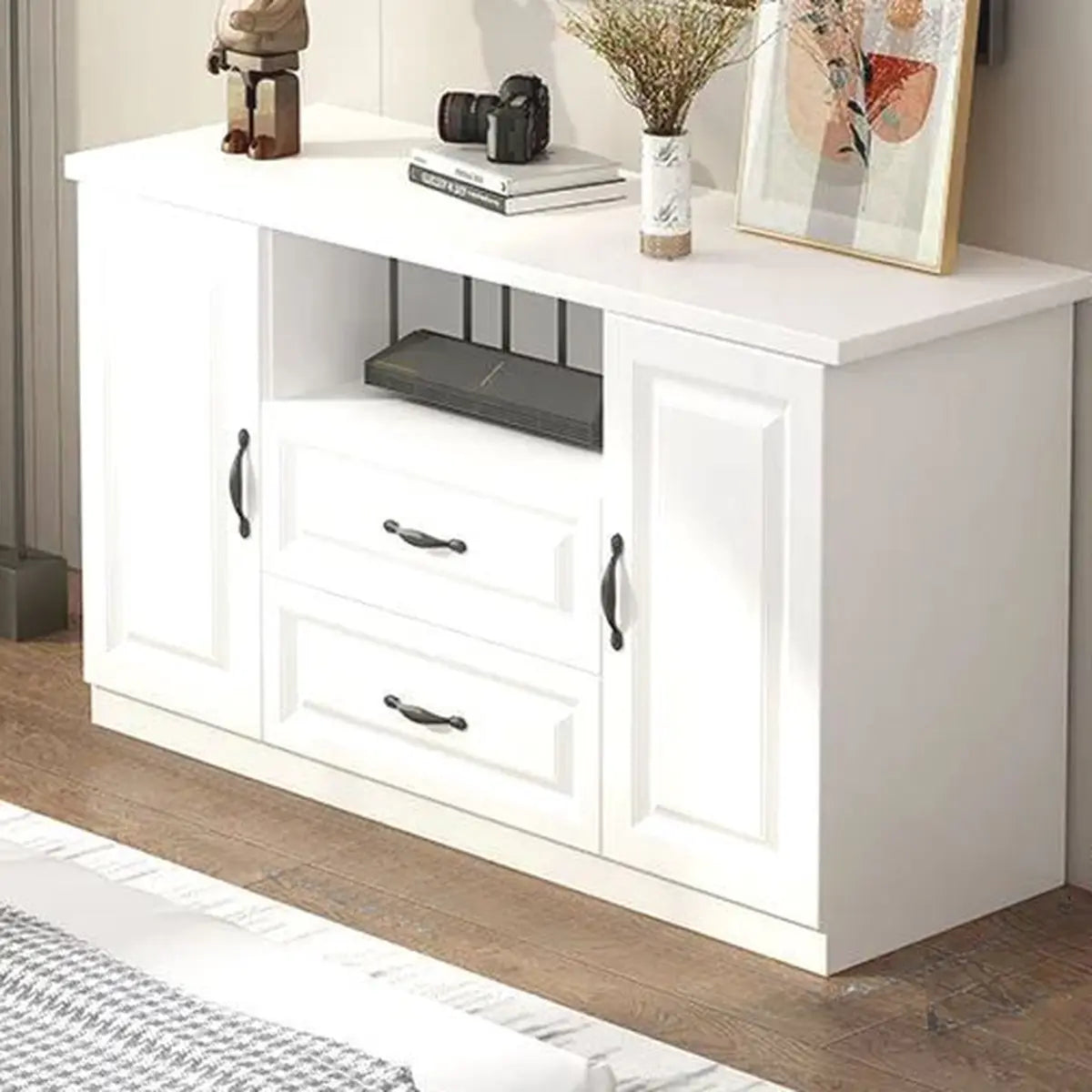 Warm White Wooden Open Storage TV Stand with Drawers Image - 5