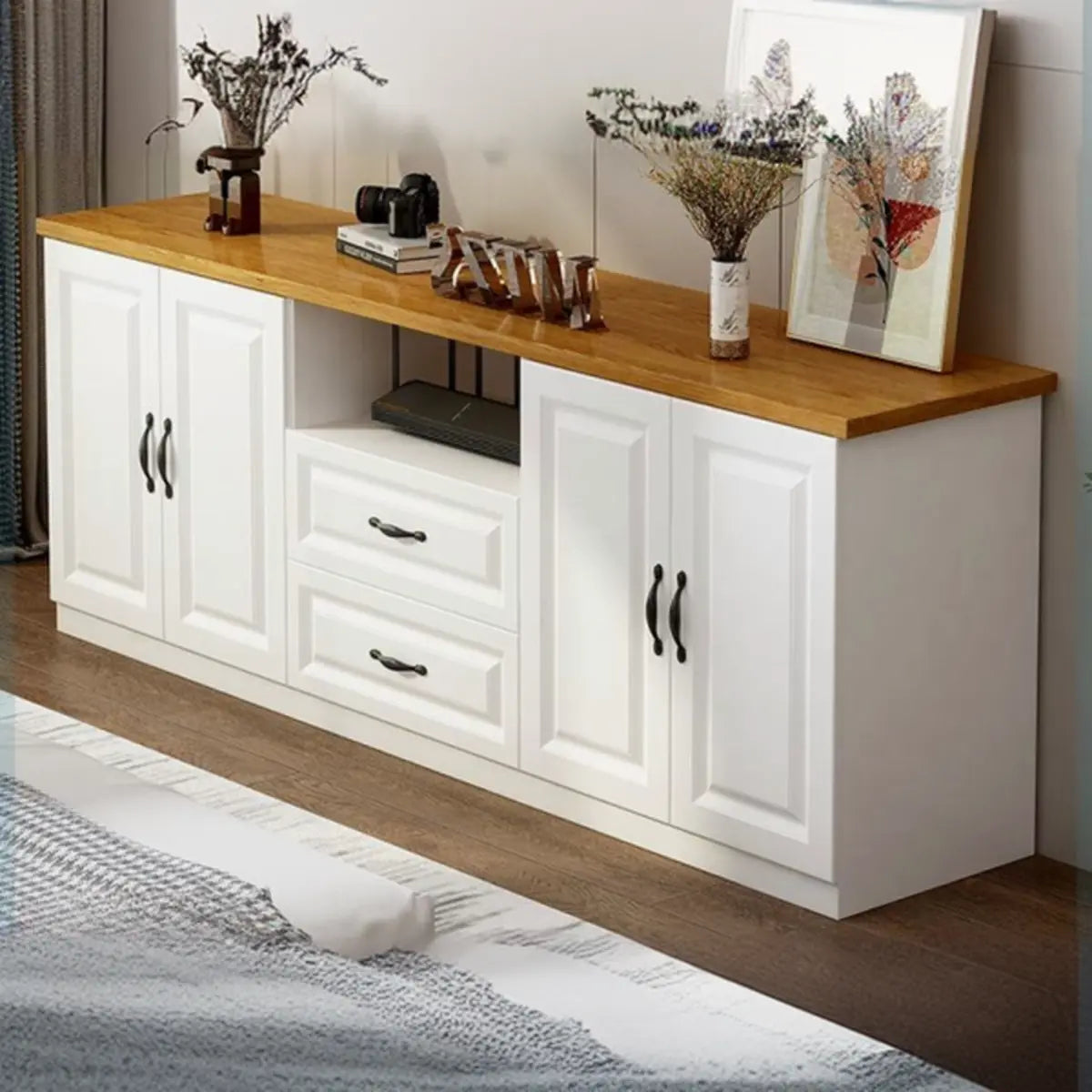 Warm White Wooden Open Storage TV Stand with Drawers Image - 6