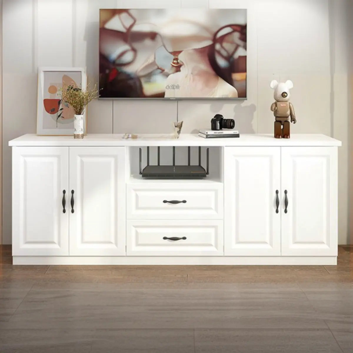 Warm White Wooden Open Storage TV Stand with Drawers Image - 8