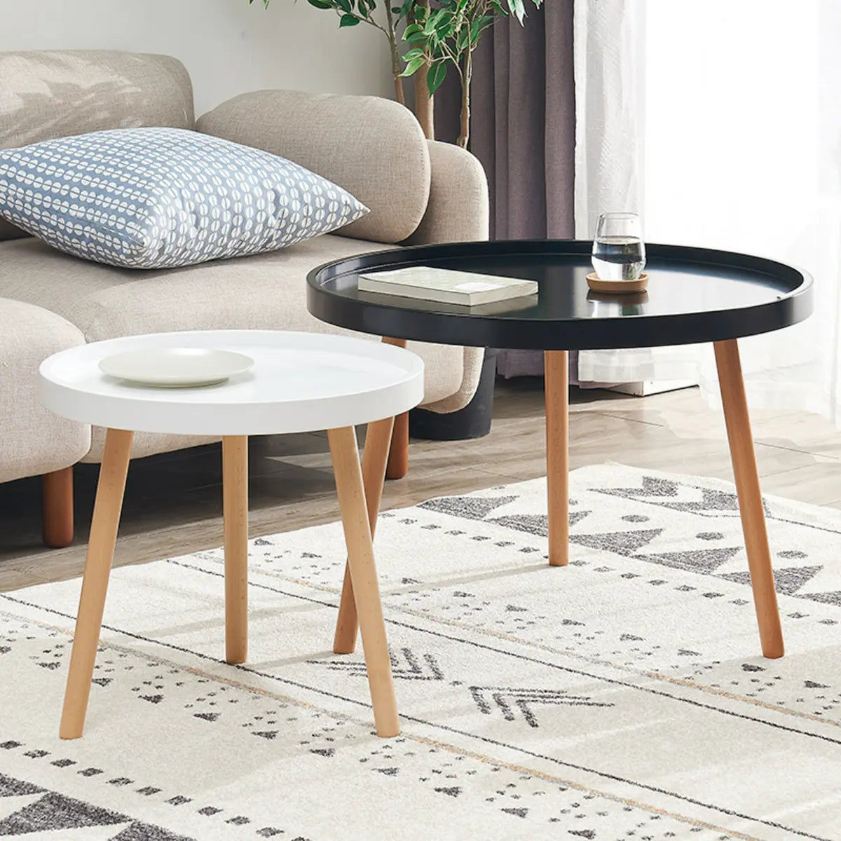 Waterproof Round Tray Beech Three Leg Coffee Table Image - 1