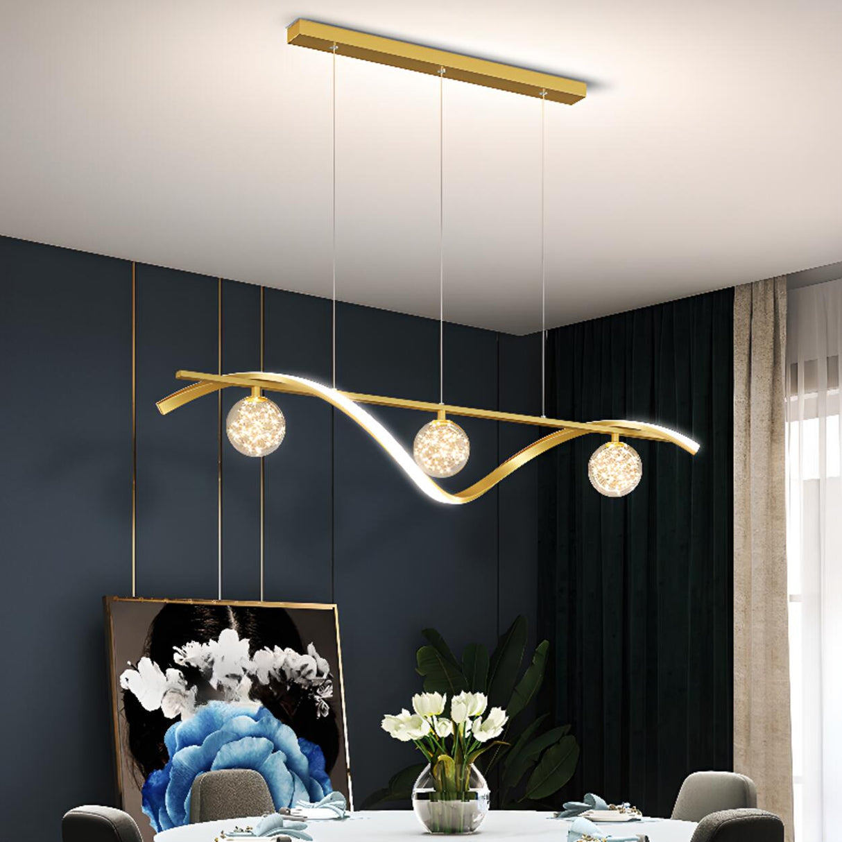 Wave Design Gold LED Pendant Light Kitchen Island Image - 16